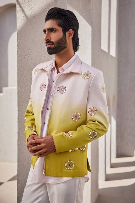 Shop_Yajy By Aditya Jain_Pink Silk, Linen Sequins Celestial Snow Indo-western Set 