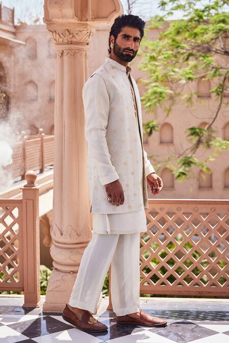 Shop Yajy By Aditya Jain Gold Tissue, Silk Embroidery Ivory Dream Indo-western Set Online at Aza Fashions Shop_Yajy By Aditya Jain_Gold Tissue, Silk Embroidery Ivory Dream Indo-western Set _Online_at_Aza_Fashions