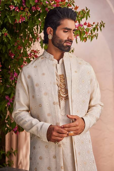 Yajy By Aditya Jain Gold Tissue, Silk Embroidery Ivory Dream Indo-western Set at Aza Fashions Yajy By Aditya Jain_Gold Tissue, Silk Embroidery Ivory Dream Indo-western Set _at_Aza_Fashions
