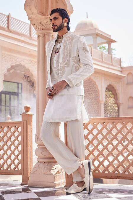 Yajy By Aditya Jain_Gold Tissue, Silk Embroidery Snowfall Serenity Indo-western Set _Online_at_Aza_Fashions