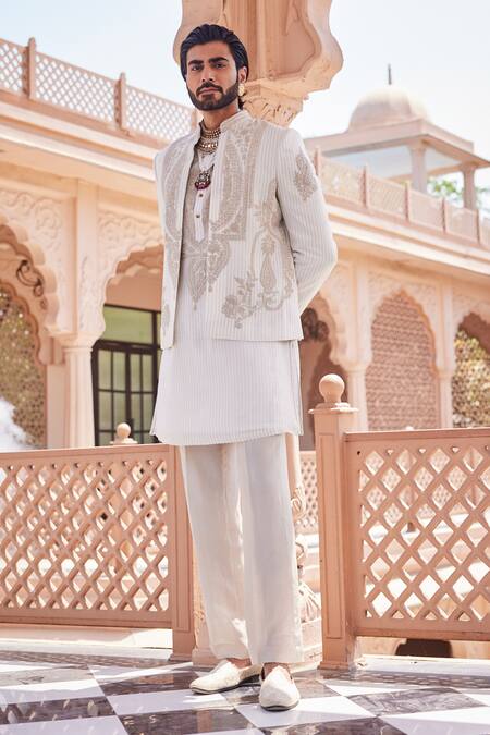 Buy_Yajy By Aditya Jain_Gold Tissue, Silk Embroidery Snowfall Serenity Indo-western Set _Online_at_Aza_Fashions