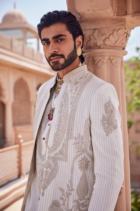 Shop_Yajy By Aditya Jain_Gold Tissue, Silk Embroidery Snowfall Serenity Indo-western Set _Online_at_Aza_Fashions