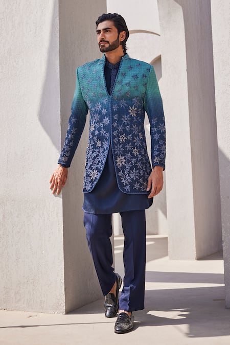 YAJY by Aditya Jain Blue Silk Embroidery Ombre Indo-western Set 