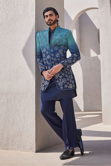 Yajy By Aditya Jain Ombre Blue Silk Indo-Western Set 