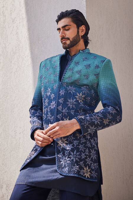 Buy_Yajy By Aditya Jain_Blue Silk Embroidery Ombre Indo-western Set _Online_at_Aza_Fashions