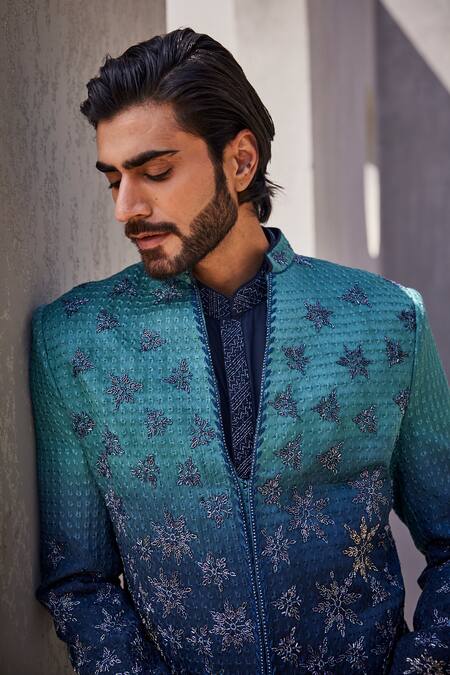 Shop_Yajy By Aditya Jain_Blue Silk Embroidery Ombre Indo-western Set _Online_at_Aza_Fashions