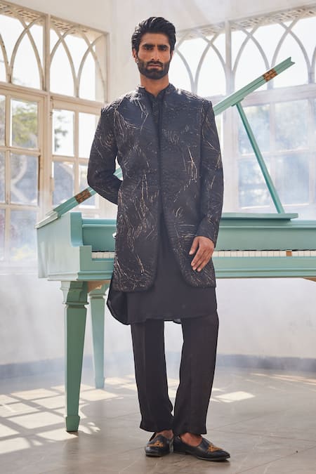 Yajy By Aditya Jain Black & Gold Frozen Twilight Indo-Western Set 