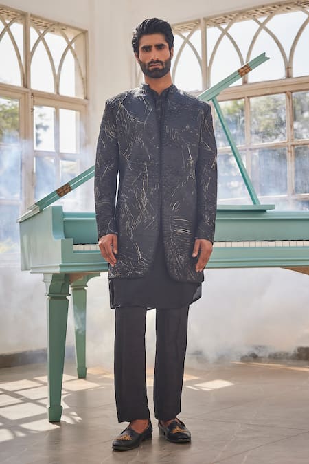 Yajy By Aditya Jain_Black Silk Embroidery, Zari And Gold Frozen Twilight Indo-western Set _Online_at_Aza_Fashions