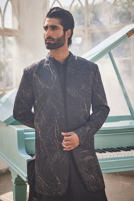 Buy_Yajy By Aditya Jain_Black Silk Embroidery, Zari And Gold Frozen Twilight Indo-western Set _Online_at_Aza_Fashions