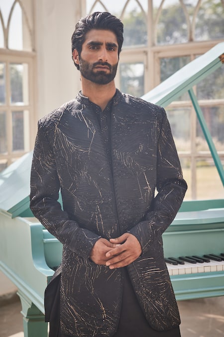 Shop_Yajy By Aditya Jain_Black Silk Embroidery, Zari And Gold Frozen Twilight Indo-western Set _Online_at_Aza_Fashions