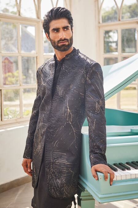 Yajy By Aditya Jain_Black Silk Embroidery, Zari And Gold Frozen Twilight Indo-western Set _at_Aza_Fashions