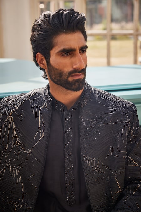 Buy_Yajy By Aditya Jain_Black Silk Embroidery, Zari And Gold Frozen Twilight Indo-western Set 