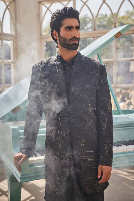 Shop_Yajy By Aditya Jain_Black Silk Embroidery, Zari And Gold Frozen Twilight Indo-western Set 