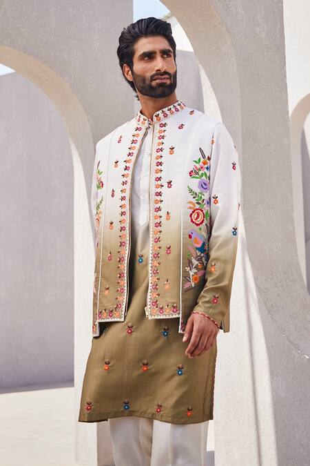 Yajy By Aditya Jain_Olive Green Silk Embroidery Winter Reverie Kurta Jacket Set _Online_at_Aza_Fashions
