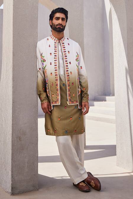 Shop_Yajy By Aditya Jain_Olive Green Silk Embroidery Winter Reverie Kurta Jacket Set _Online_at_Aza_Fashions