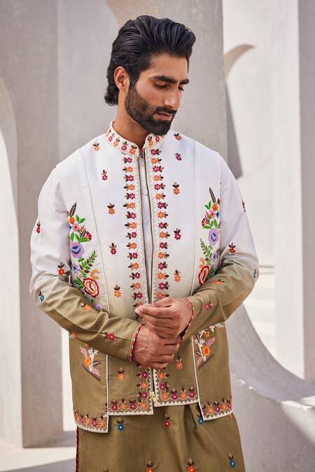 Buy_Yajy By Aditya Jain_Olive Green Silk Embroidery Winter Reverie Kurta Jacket Set 