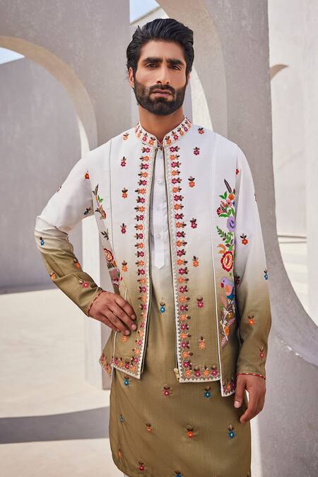 Shop_Yajy By Aditya Jain_Olive Green Silk Embroidery Winter Reverie Kurta Jacket Set 