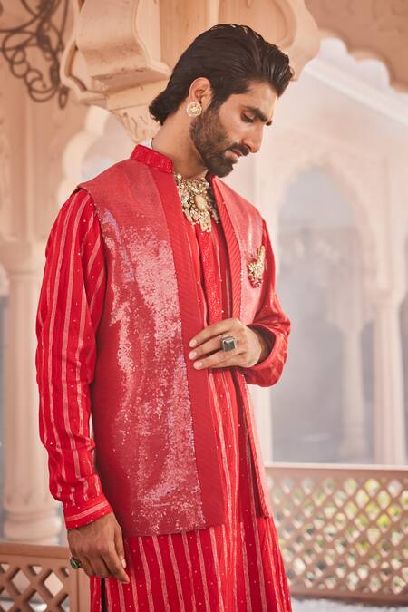 Buy_Yajy By Aditya Jain_Red Silk Snow Kissed Kurta Jacket Set _Online_at_Aza_Fashions
