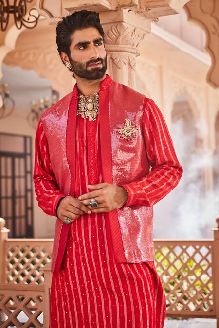Shop_Yajy By Aditya Jain_Red Silk Snow Kissed Kurta Jacket Set _Online_at_Aza_Fashions