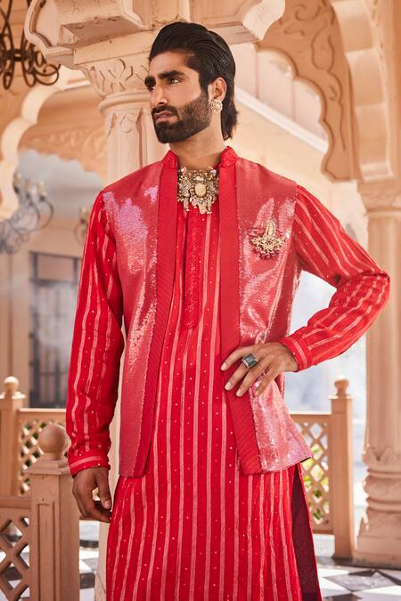 Buy_Yajy By Aditya Jain_Red Silk Snow Kissed Kurta Jacket Set 