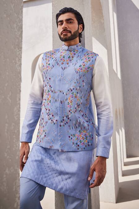 Yajy By Aditya Jain_Blue Silk Embroidery Frosted Blaze Kurta Jacket Set _Online_at_Aza_Fashions