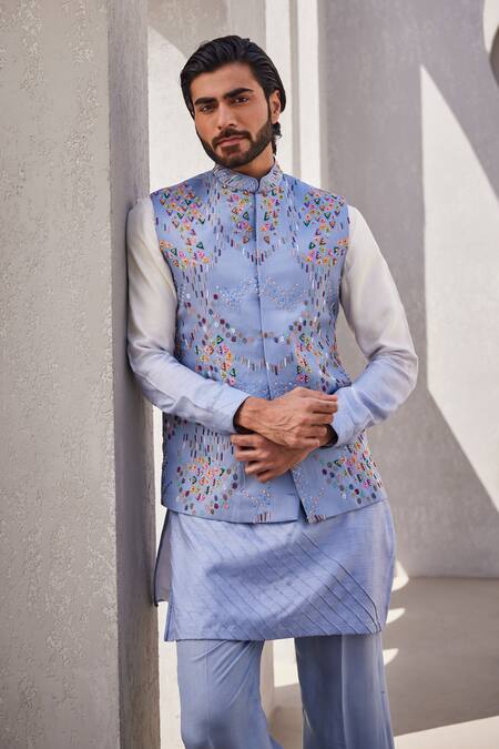 Buy_Yajy By Aditya Jain_Blue Silk Embroidery Frosted Blaze Kurta Jacket Set _Online_at_Aza_Fashions