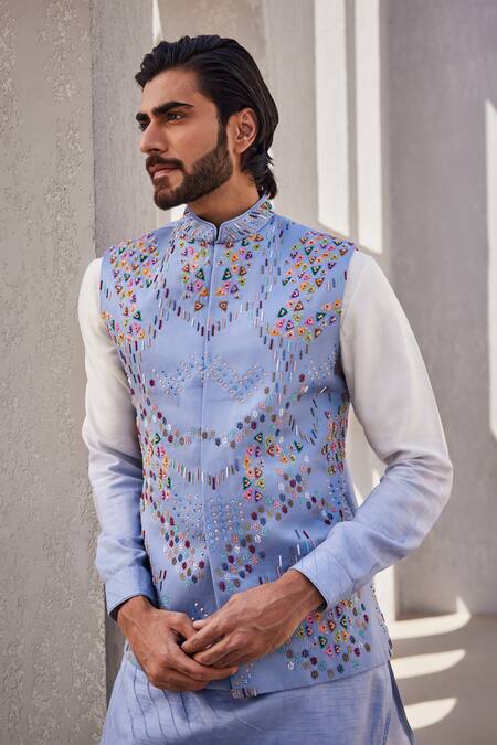 Shop_Yajy By Aditya Jain_Blue Silk Embroidery Frosted Blaze Kurta Jacket Set _Online_at_Aza_Fashions