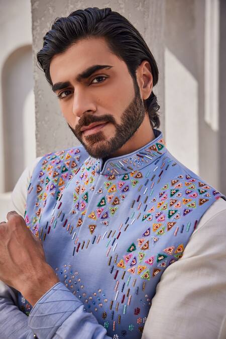Yajy By Aditya Jain_Blue Silk Embroidery Frosted Blaze Kurta Jacket Set _at_Aza_Fashions