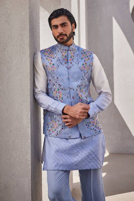 Buy_Yajy By Aditya Jain_Blue Silk Embroidery Frosted Blaze Kurta Jacket Set 