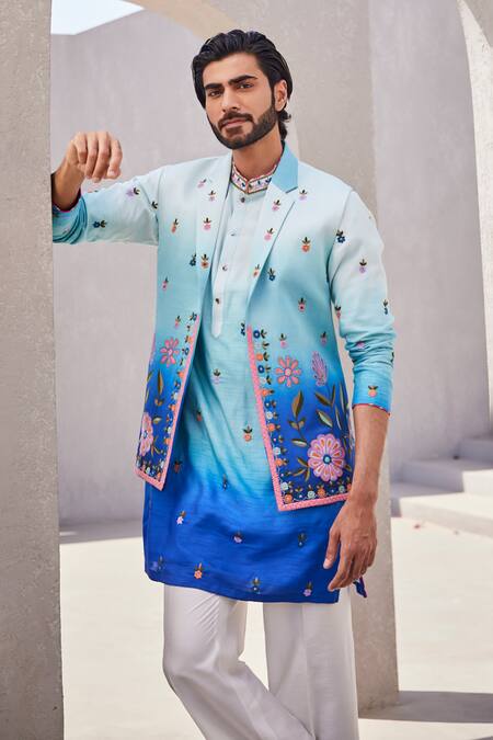 Yajy By Aditya Jain_Blue Silk Embroidery Icy Twilight Kurta Jacket Set _Online_at_Aza_Fashions