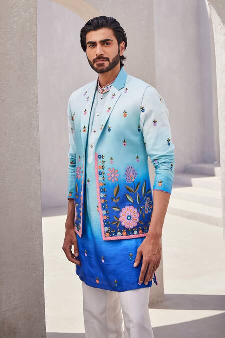 Buy_Yajy By Aditya Jain_Blue Silk Embroidery Icy Twilight Kurta Jacket Set _Online_at_Aza_Fashions