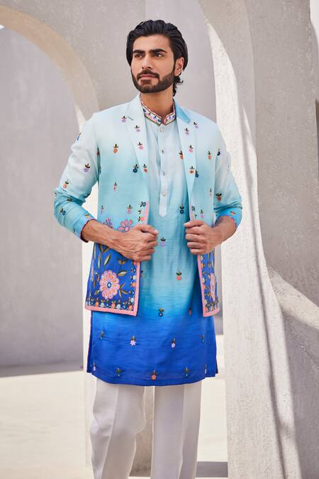 Shop_Yajy By Aditya Jain_Blue Silk Embroidery Icy Twilight Kurta Jacket Set _Online_at_Aza_Fashions