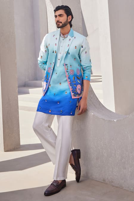 YAJY by Aditya Jain Blue Silk Embroidery Icy Twilight Kurta Jacket Set 