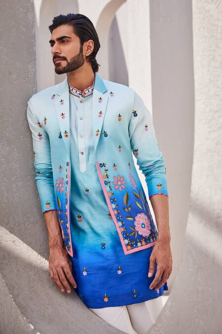Yajy By Aditya Jain_Blue Silk Embroidery Icy Twilight Kurta Jacket Set _at_Aza_Fashions