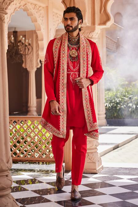 Buy_Yajy By Aditya Jain_Red Silk Embroidery Love Rage Kurta Set _Online_at_Aza_Fashions