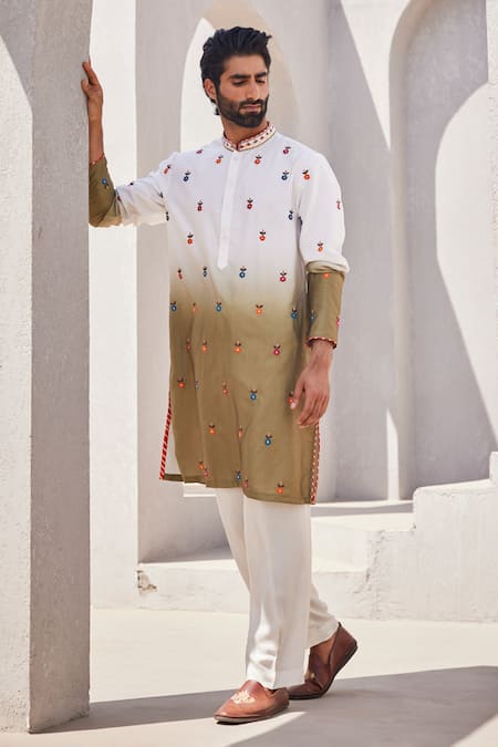 YAJY by Aditya Jain Olive Green Silk Embroidery Silent Snow Kurta Set 