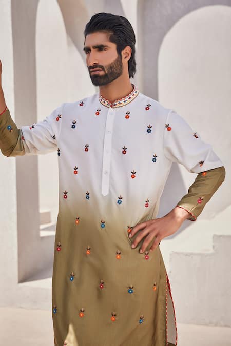 Buy_Yajy By Aditya Jain_Olive Green Silk Embroidery Silent Snow Kurta Set _Online_at_Aza_Fashions