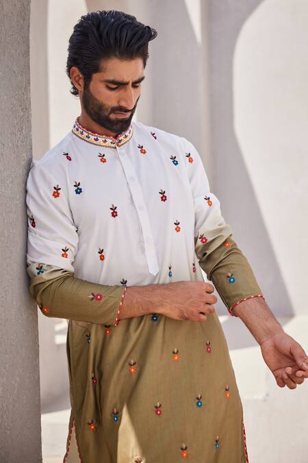 Shop_Yajy By Aditya Jain_Olive Green Silk Embroidery Silent Snow Kurta Set _Online_at_Aza_Fashions