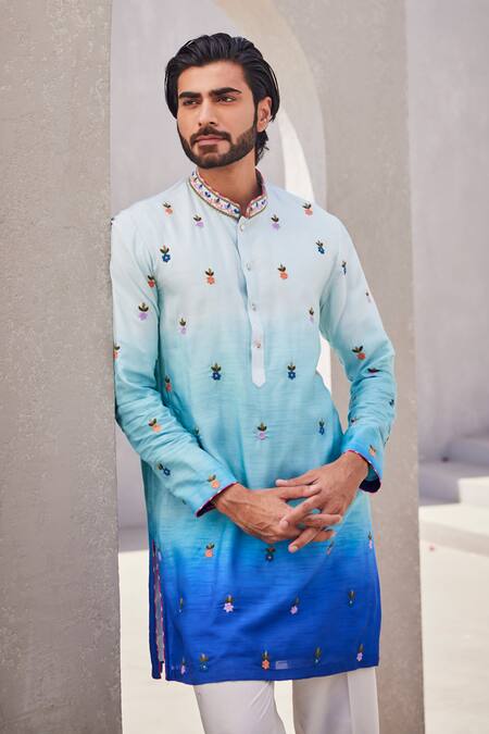 Buy_Yajy By Aditya Jain_Blue Silk Embroidery Ombre Sea Designer Kurta Set _Online_at_Aza_Fashions
