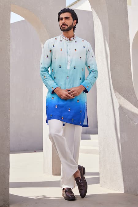 YAJY by Aditya Jain Multi Color Silk Embroidery Ombre Sea Blue Designer Kurta Set 