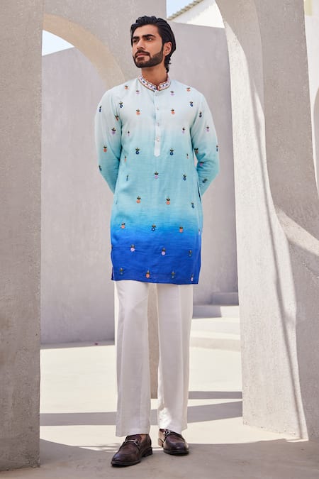 Yajy By Aditya Jain Ombre Sea Blue Designer Kurta Set 
