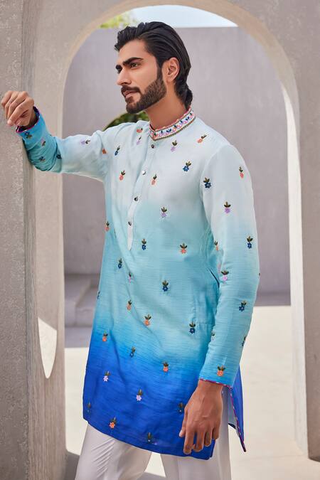 Shop_Yajy By Aditya Jain_Blue Silk Embroidery Ombre Sea Designer Kurta Set _Online_at_Aza_Fashions