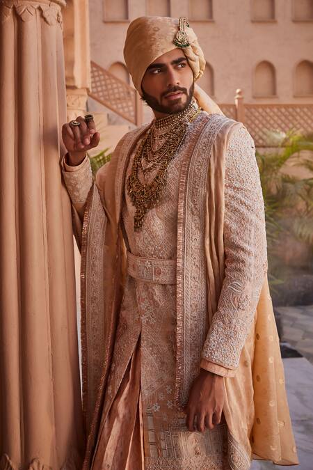 Yajy By Aditya Jain_Rose Gold Embroidery Taj Mahal Sherwani Set _Online_at_Aza_Fashions