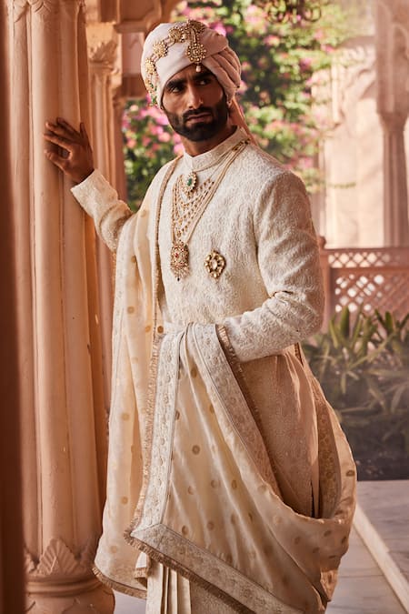 Yajy By Aditya Jain_Ivory Brooches, Embroidery Reverence Sherwani Set _Online_at_Aza_Fashions