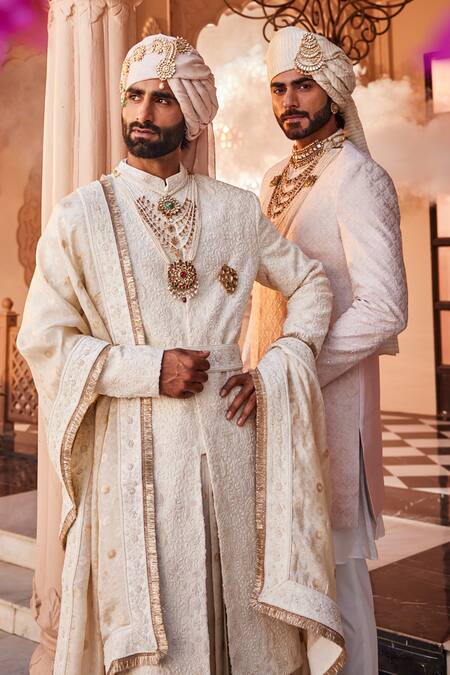 Buy_Yajy By Aditya Jain_Ivory Brooches, Embroidery Reverence Sherwani Set _Online_at_Aza_Fashions