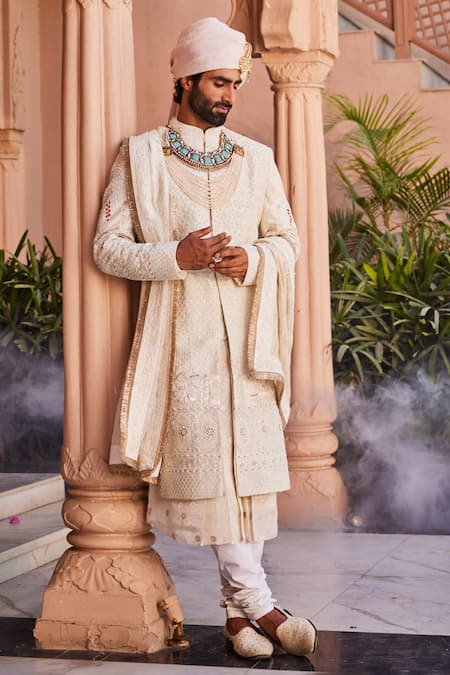 Yajy By Aditya Jain_Ivory Silk Beads, Sequins, Embroidery Designer Baraat Sherwani Set _Online_at_Aza_Fashions