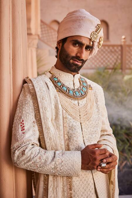 Buy_Yajy By Aditya Jain_Ivory Silk Beads, Sequins, Embroidery Designer Baraat Sherwani Set _Online_at_Aza_Fashions