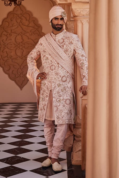 YAJY by Aditya Jain Rose Gold Silk Sequins, Embroidery Designer Dawn Sherwani Set 