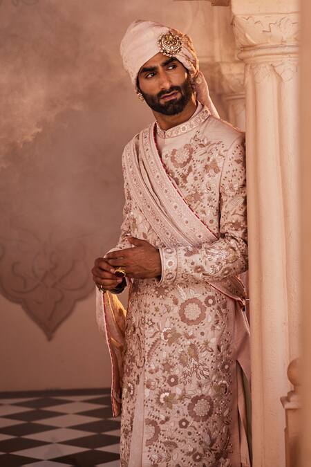 Shop_Yajy By Aditya Jain_Rose Gold Sequins, Embroidery Designer Dawn Sherwani Set _Online_at_Aza_Fashions