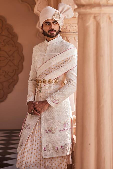 Yajy By Aditya Jain_Pink Silk Embroidery, Sequins Royal Snowfall Sherwani Set _Online_at_Aza_Fashions